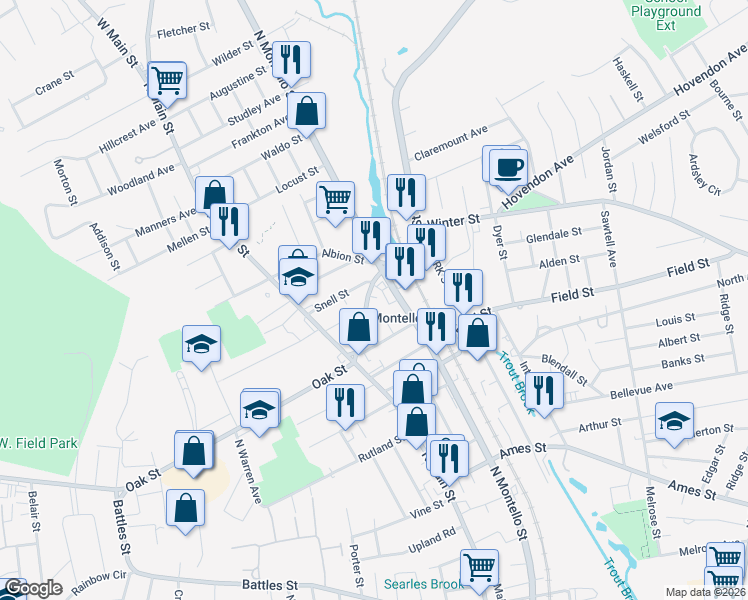 map of restaurants, bars, coffee shops, grocery stores, and more near 61 Howard Street in Brockton