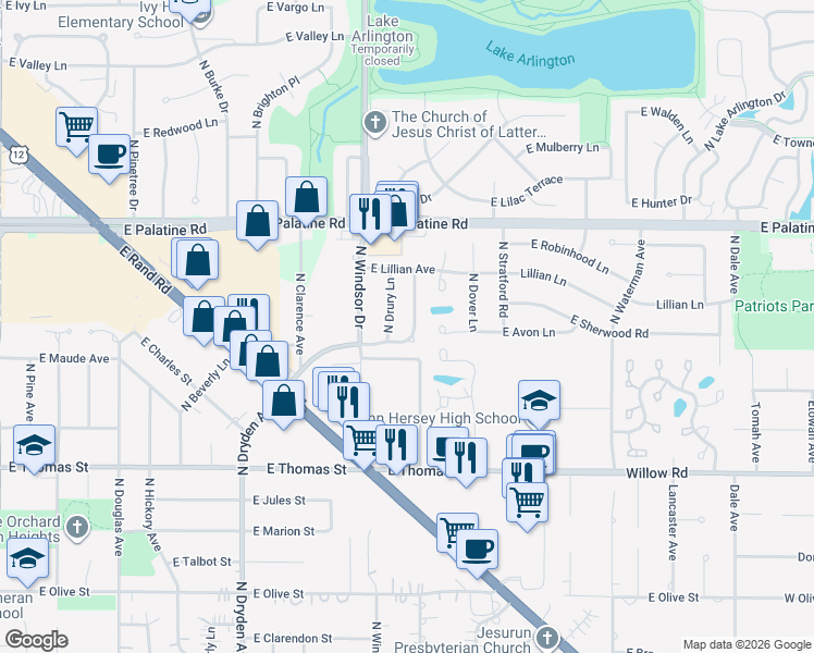map of restaurants, bars, coffee shops, grocery stores, and more near 1504 East Jane Avenue in Arlington Heights