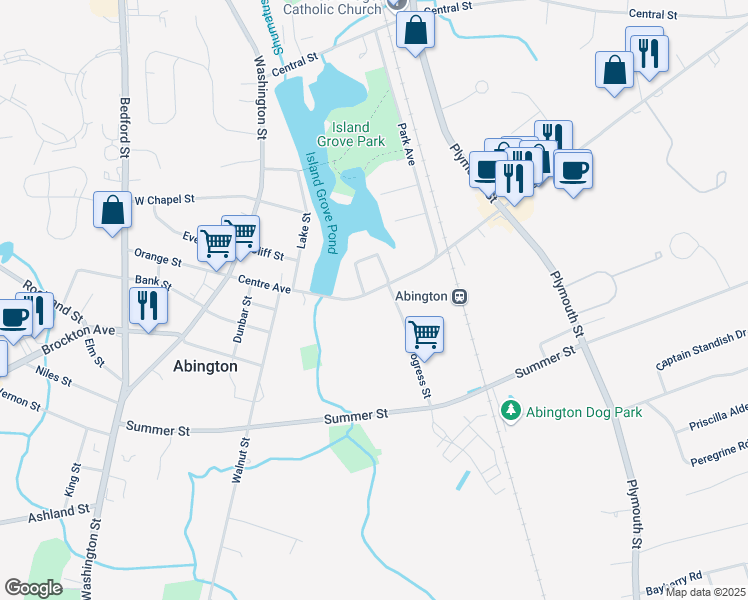 map of restaurants, bars, coffee shops, grocery stores, and more near 155 Centre Avenue in Abington