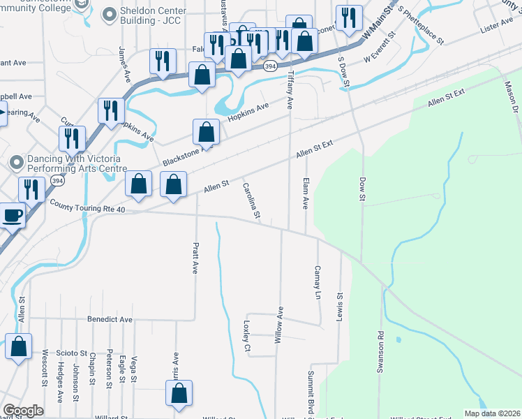 map of restaurants, bars, coffee shops, grocery stores, and more near 3 Carolina Street in Jamestown