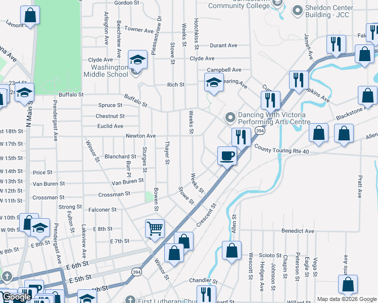 map of restaurants, bars, coffee shops, grocery stores, and more near 120 Weeks Street in Jamestown