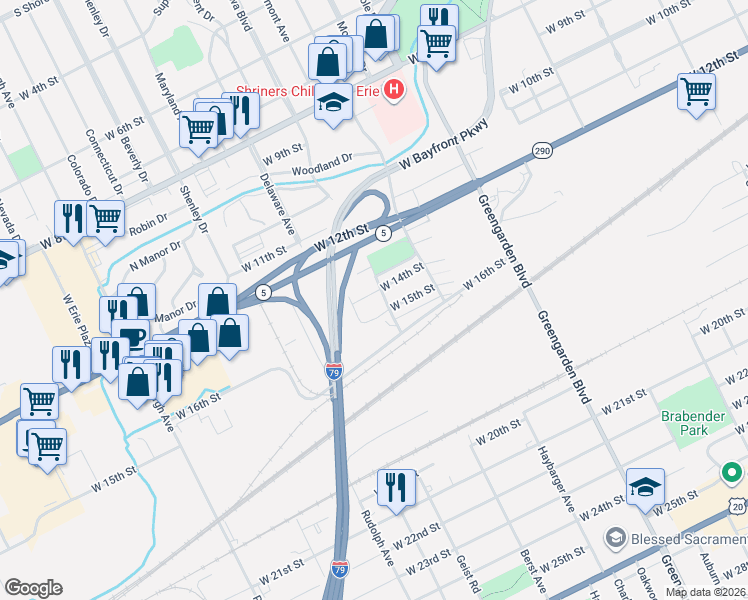 map of restaurants, bars, coffee shops, grocery stores, and more near 1404 Custer Drive in Erie