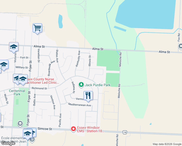 map of restaurants, bars, coffee shops, grocery stores, and more near 130 Brush Crescent in Amherstburg