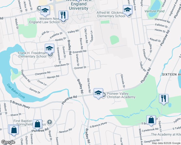 map of restaurants, bars, coffee shops, grocery stores, and more near 101 Old Farm Road in Springfield