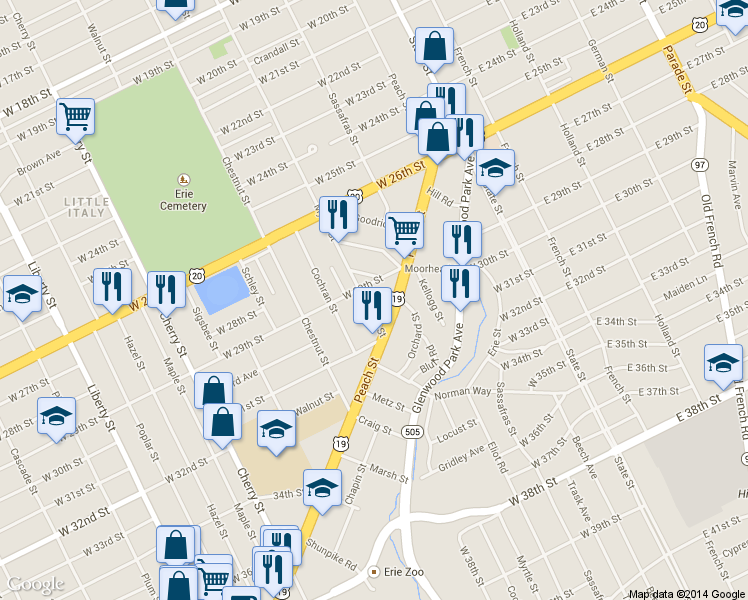 map of restaurants, bars, coffee shops, grocery stores, and more near 2925 Myrtle Street in Erie