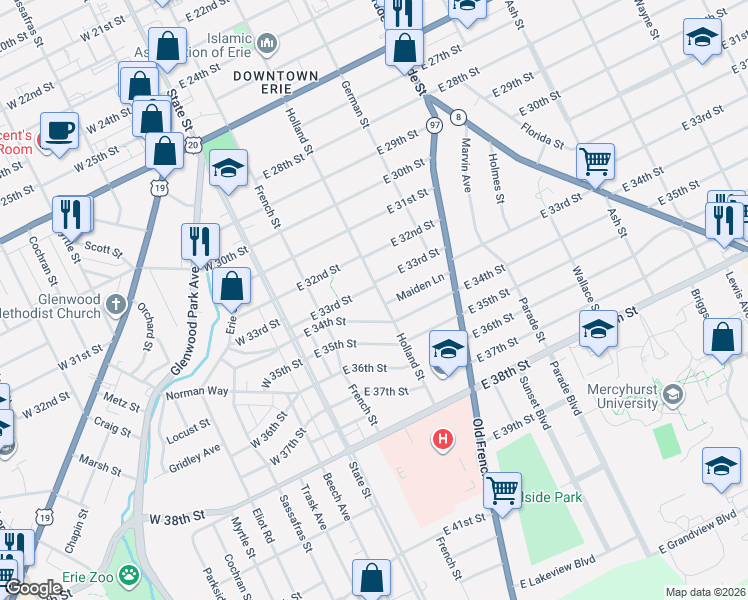 map of restaurants, bars, coffee shops, grocery stores, and more near in Erie