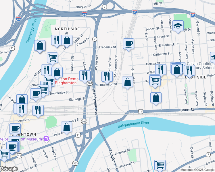 map of restaurants, bars, coffee shops, grocery stores, and more near 92 Robinson Street in Binghamton