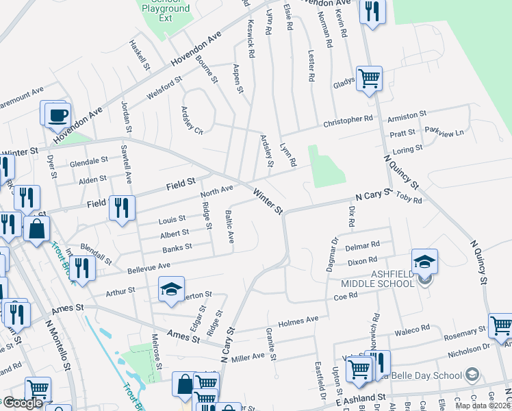 map of restaurants, bars, coffee shops, grocery stores, and more near 411 Winter Street in Brockton