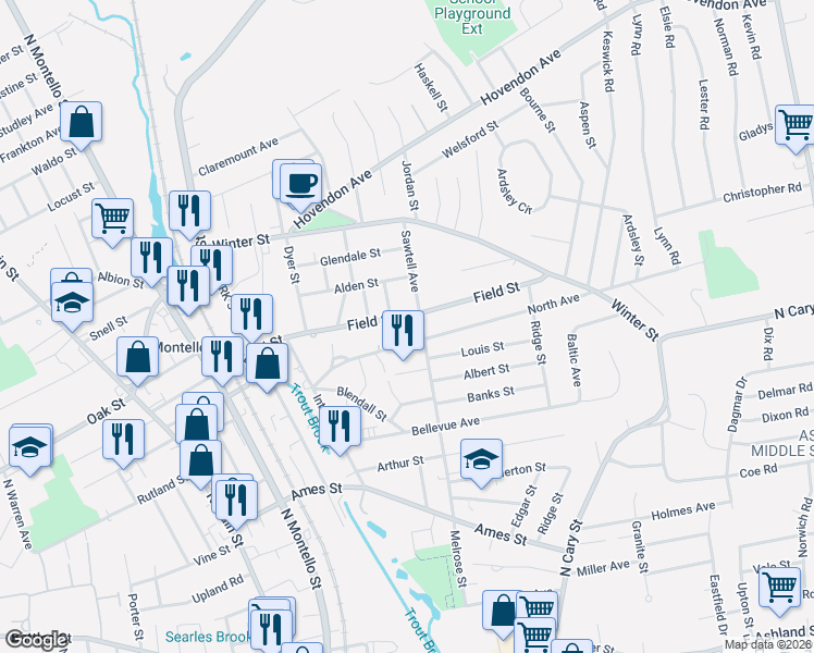 map of restaurants, bars, coffee shops, grocery stores, and more near 68 North Avenue in Brockton