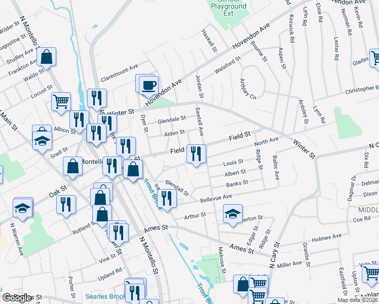 map of restaurants, bars, coffee shops, grocery stores, and more near 68 North Avenue in Brockton