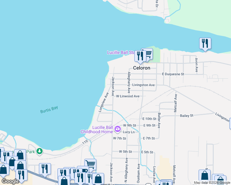 map of restaurants, bars, coffee shops, grocery stores, and more near 267 West Linwood Avenue in Jamestown