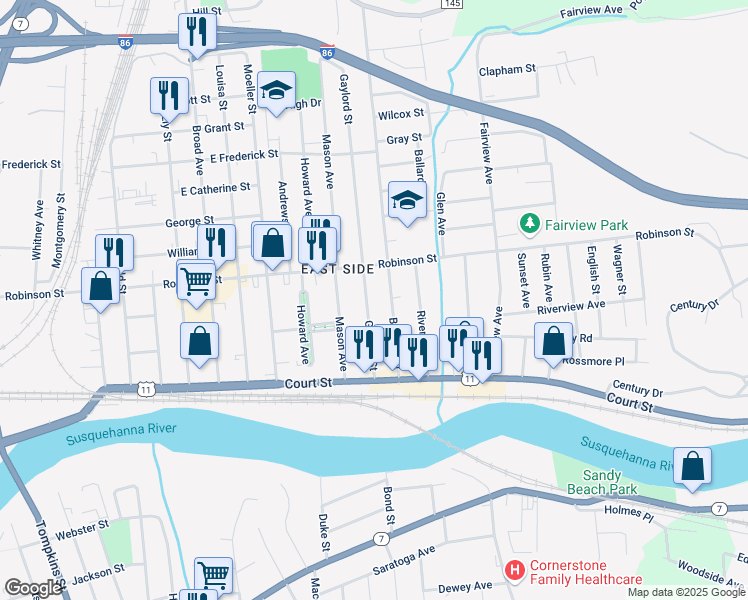map of restaurants, bars, coffee shops, grocery stores, and more near 27-29 Gaylord Street in Binghamton