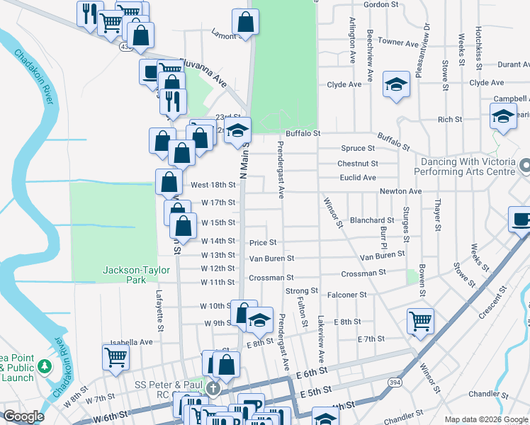 map of restaurants, bars, coffee shops, grocery stores, and more near 13 East 15th Street in Jamestown