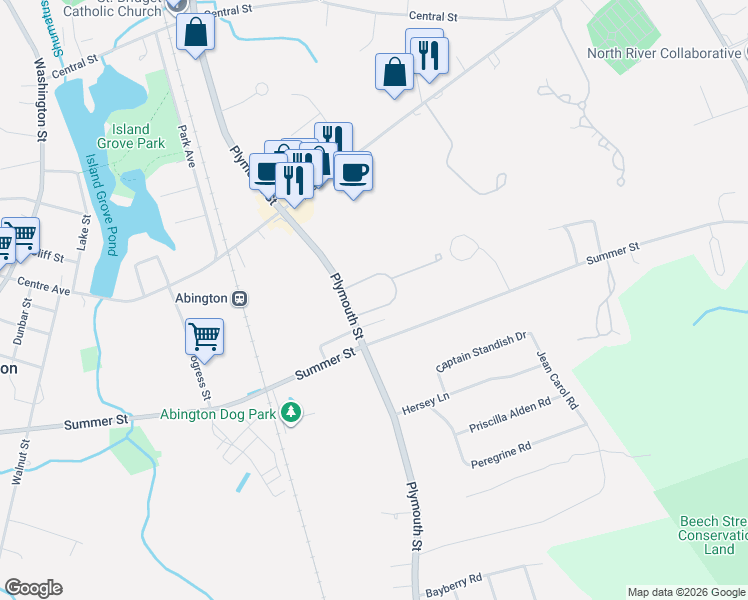 map of restaurants, bars, coffee shops, grocery stores, and more near 868 Plymouth Street in Abington