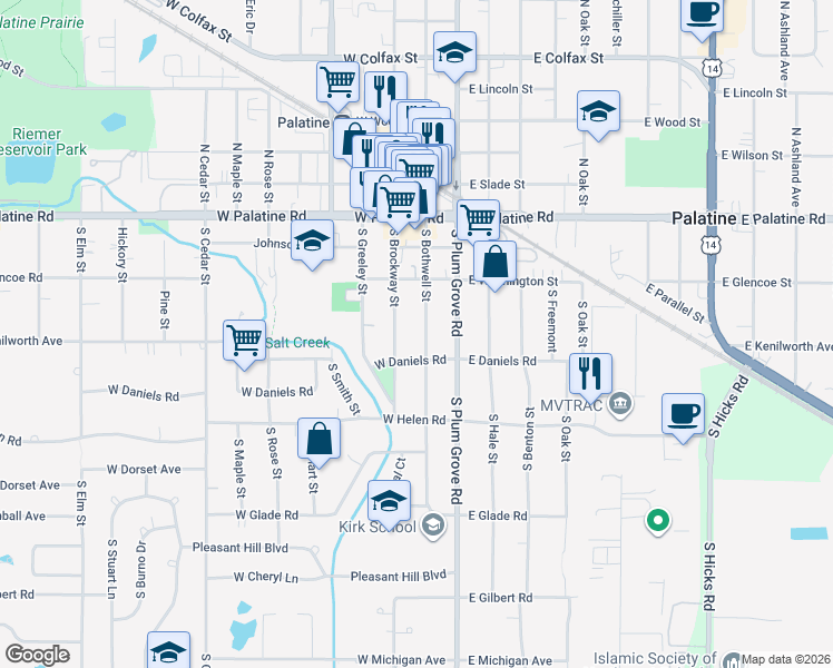map of restaurants, bars, coffee shops, grocery stores, and more near 166 South Bothwell Street in Palatine