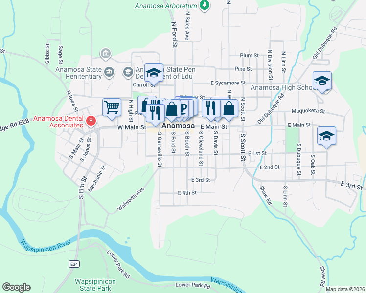 map of restaurants, bars, coffee shops, grocery stores, and more near 200-244 East 1st Street in Anamosa
