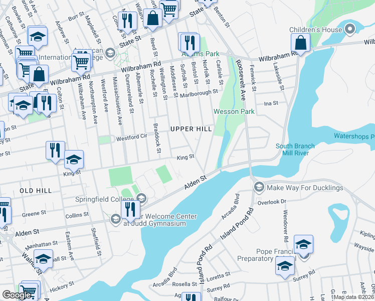 map of restaurants, bars, coffee shops, grocery stores, and more near 522 King Street in Springfield