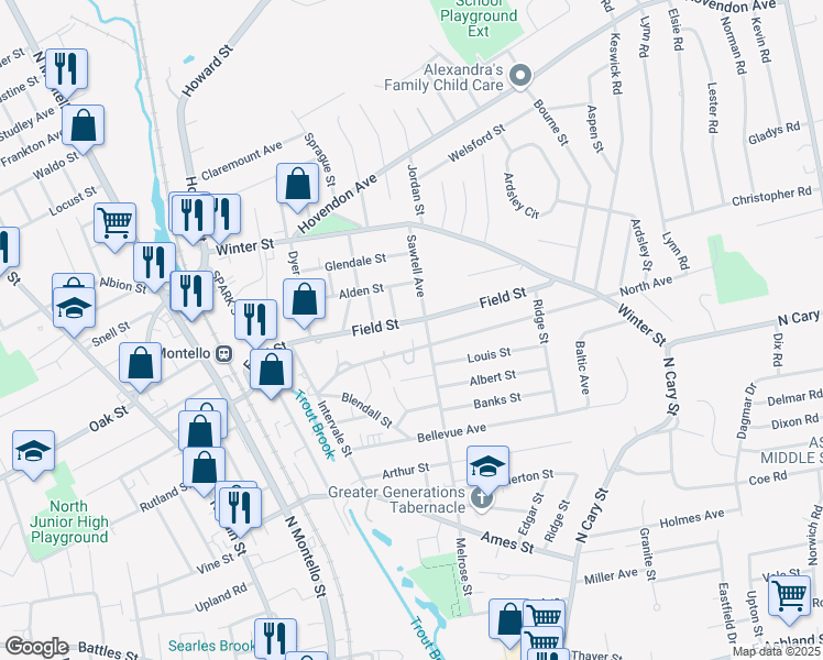 map of restaurants, bars, coffee shops, grocery stores, and more near 60 North Avenue in Brockton