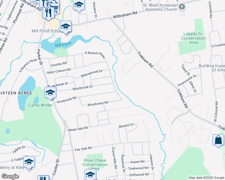 map of restaurants, bars, coffee shops, grocery stores, and more near 213 Acrebrook Road in Springfield