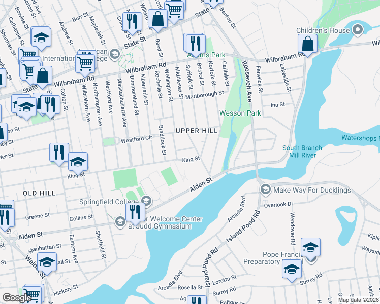 map of restaurants, bars, coffee shops, grocery stores, and more near 522 King Street in Springfield