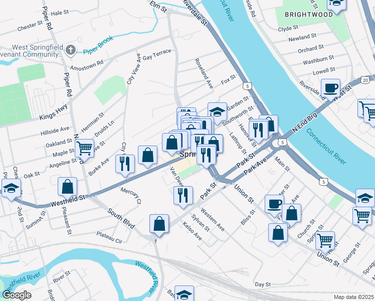 map of restaurants, bars, coffee shops, grocery stores, and more near 76 Westfield Street in West Springfield