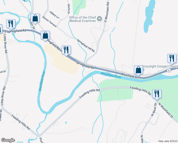 map of restaurants, bars, coffee shops, grocery stores, and more near 189 Springfield Road in Westfield