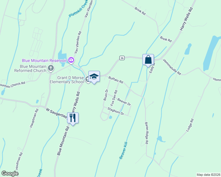 map of restaurants, bars, coffee shops, grocery stores, and more near 24 Bruin Drive in Saugerties