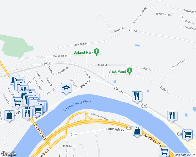 map of restaurants, bars, coffee shops, grocery stores, and more near 432 Front St in Owego