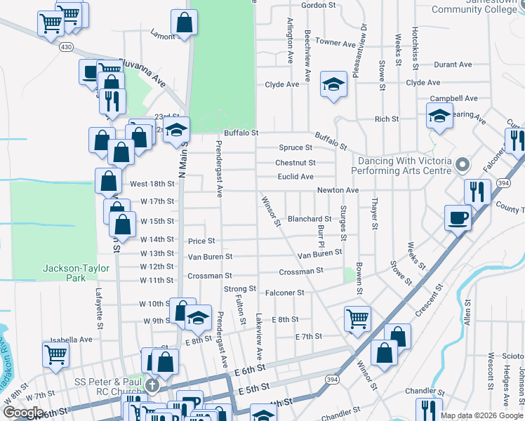map of restaurants, bars, coffee shops, grocery stores, and more near 625 Winsor Street in Jamestown