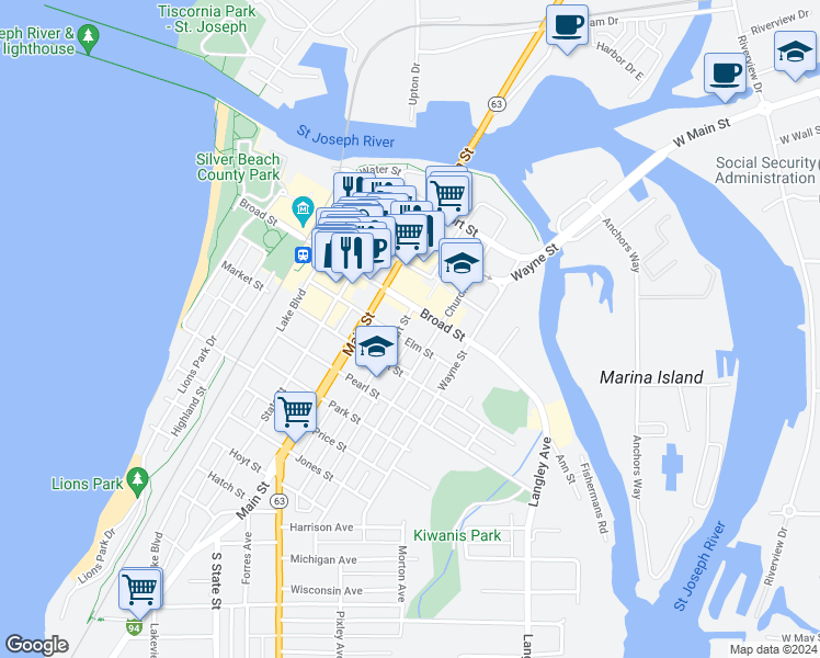 map of restaurants, bars, coffee shops, grocery stores, and more near 509 Court Street in St. Joseph