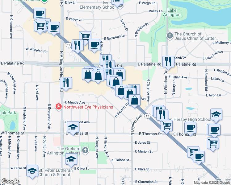 map of restaurants, bars, coffee shops, grocery stores, and more near 616 East Charles Street in Arlington Heights
