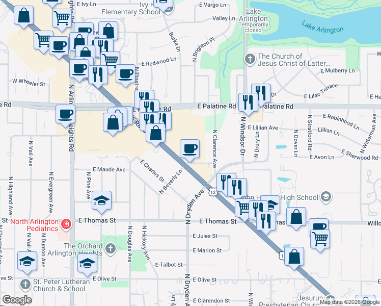 map of restaurants, bars, coffee shops, grocery stores, and more near 816 East Rand Road in Arlington Heights