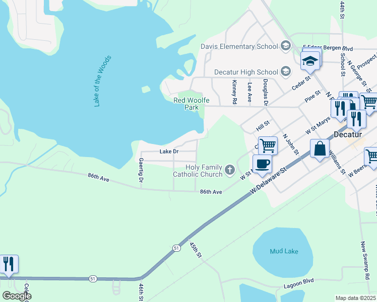 map of restaurants, bars, coffee shops, grocery stores, and more near 86012 Chicago Drive in Decatur