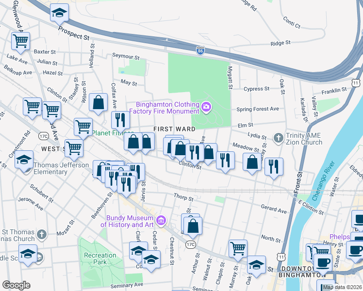 map of restaurants, bars, coffee shops, grocery stores, and more near 1 Phelps Street in Binghamton