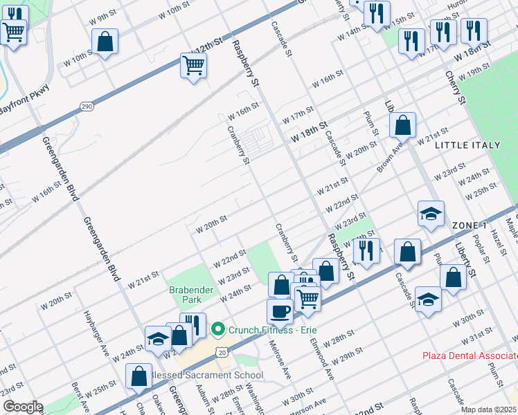map of restaurants, bars, coffee shops, grocery stores, and more near 1228 West 21st Street in Erie