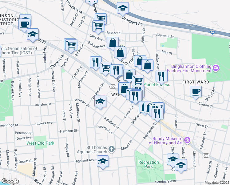 map of restaurants, bars, coffee shops, grocery stores, and more near 186 Helen Street in Binghamton