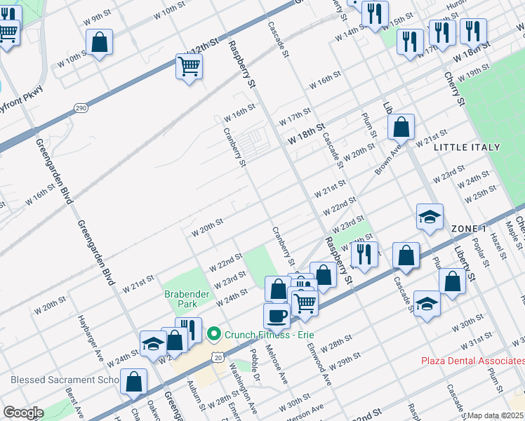map of restaurants, bars, coffee shops, grocery stores, and more near 2014 Cranberry Street in Erie