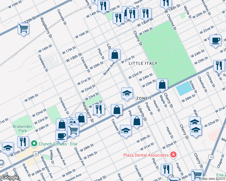 map of restaurants, bars, coffee shops, grocery stores, and more near 2310 Plum Street in Erie