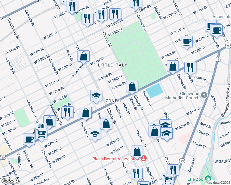 map of restaurants, bars, coffee shops, grocery stores, and more near 2517 Poplar Street in Erie