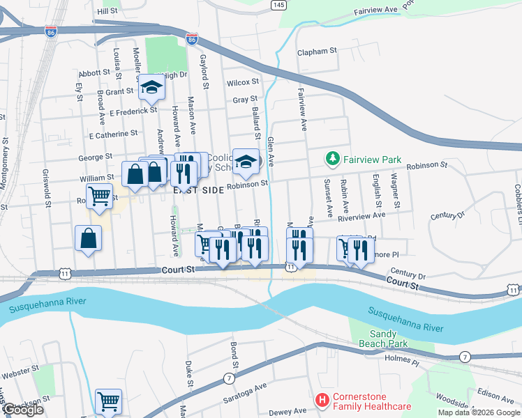 map of restaurants, bars, coffee shops, grocery stores, and more near 29 Glen Ave in Binghamton