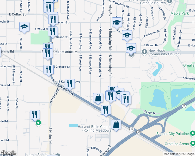 map of restaurants, bars, coffee shops, grocery stores, and more near 202 South Greenwood Avenue in Palatine