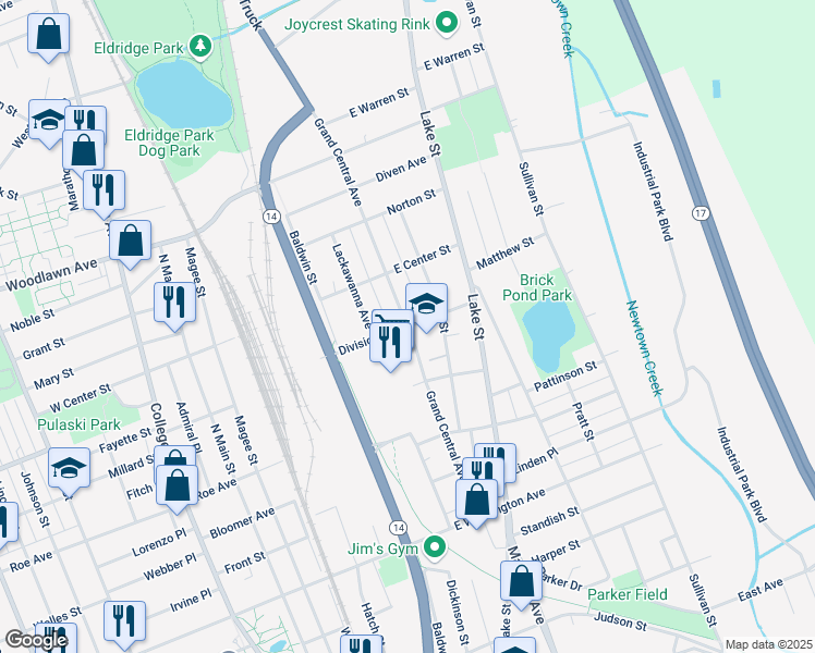 map of restaurants, bars, coffee shops, grocery stores, and more near Grand Central Avenue & Division Street in Elmira