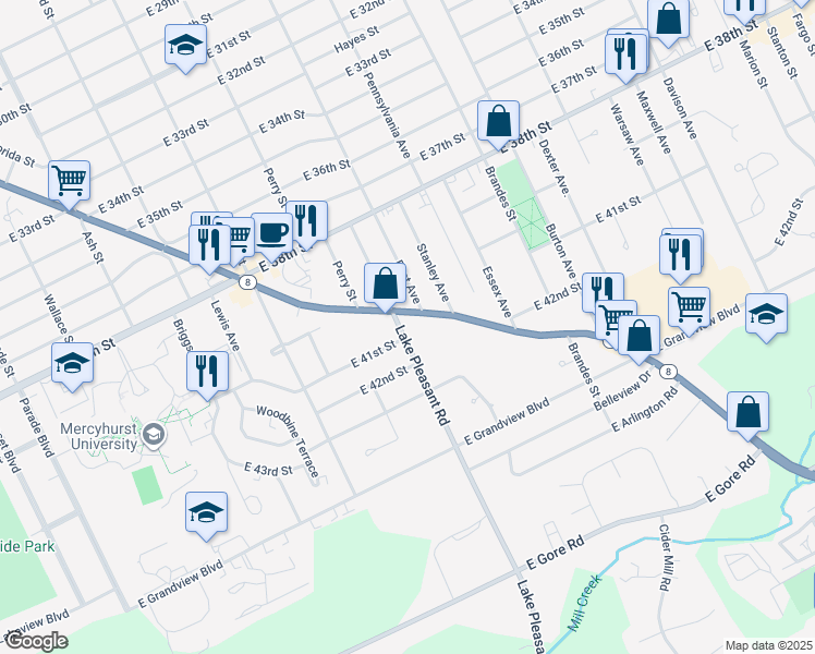 map of restaurants, bars, coffee shops, grocery stores, and more near 4035 Lake Pleasant Road in Erie
