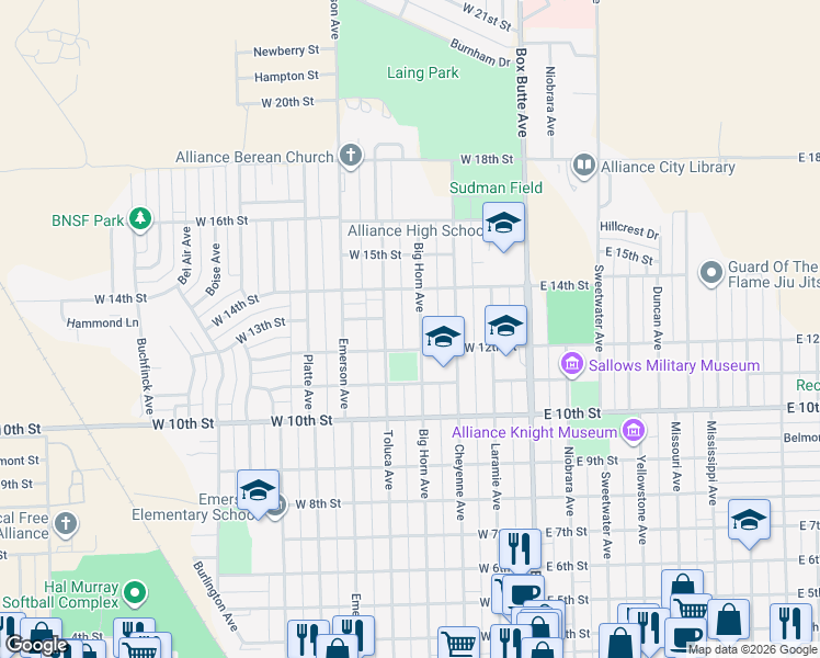 map of restaurants, bars, coffee shops, grocery stores, and more near 450 West 12th Street in Alliance