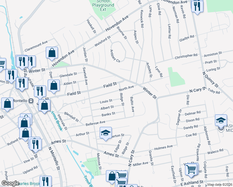map of restaurants, bars, coffee shops, grocery stores, and more near 76 Louis Street in Brockton