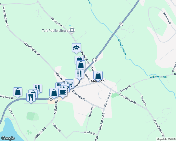 map of restaurants, bars, coffee shops, grocery stores, and more near 8 Hastings Street in Mendon