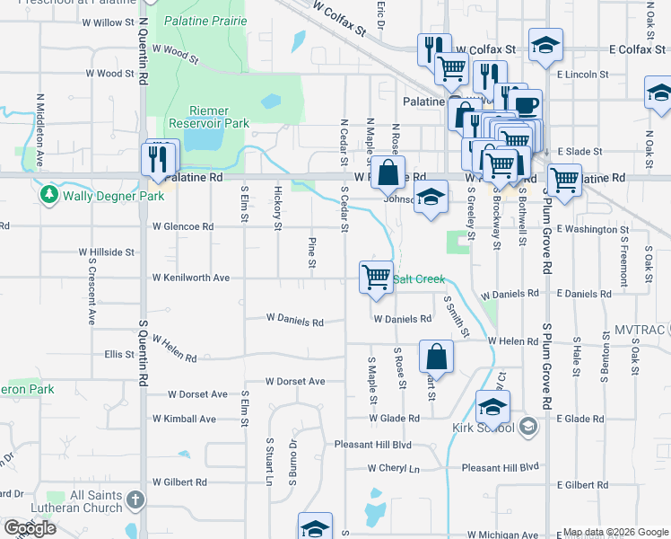 map of restaurants, bars, coffee shops, grocery stores, and more near 429 West Kenilworth Avenue in Palatine