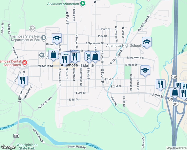 map of restaurants, bars, coffee shops, grocery stores, and more near 452-498 East 1st Street in Anamosa