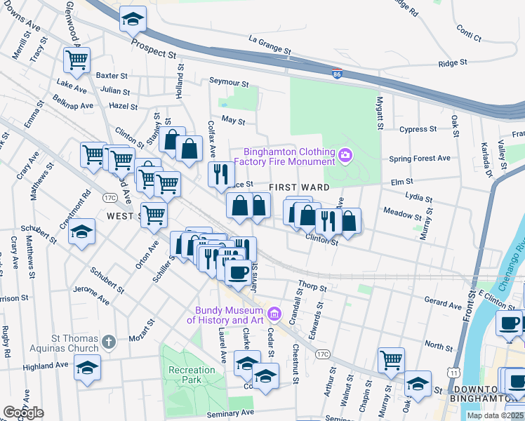 map of restaurants, bars, coffee shops, grocery stores, and more near 15 Charles Street in Binghamton