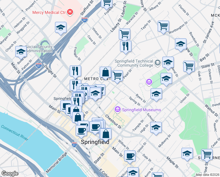 map of restaurants, bars, coffee shops, grocery stores, and more near 18 Salem Street in Springfield